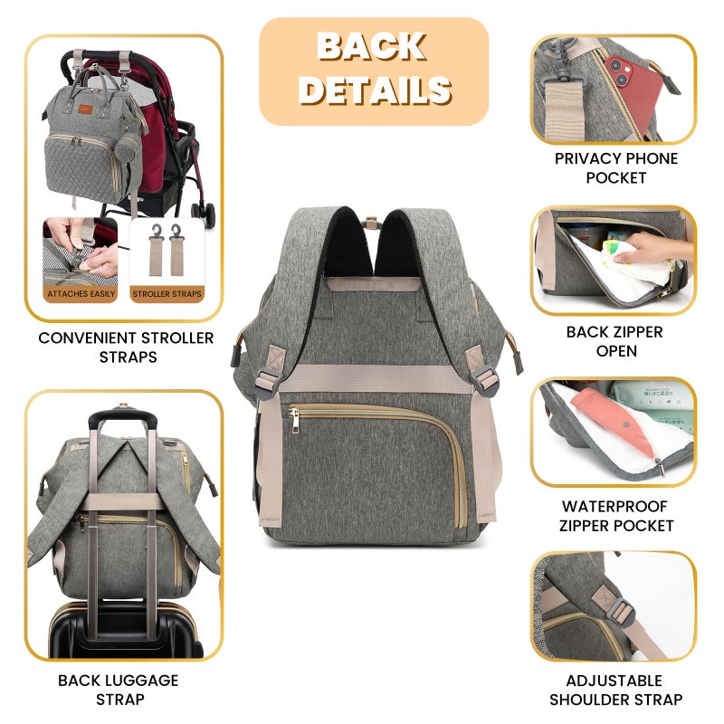 ROSEGIN Baby Diaper Bag Backpack with Changing Pad, Pacifier Case, for Boy Girl Toddler - Large, Stylish, Waterproof Travel Quilted Diaper Bag for Mom - Baby Shower Gifts - Grey - Image 4